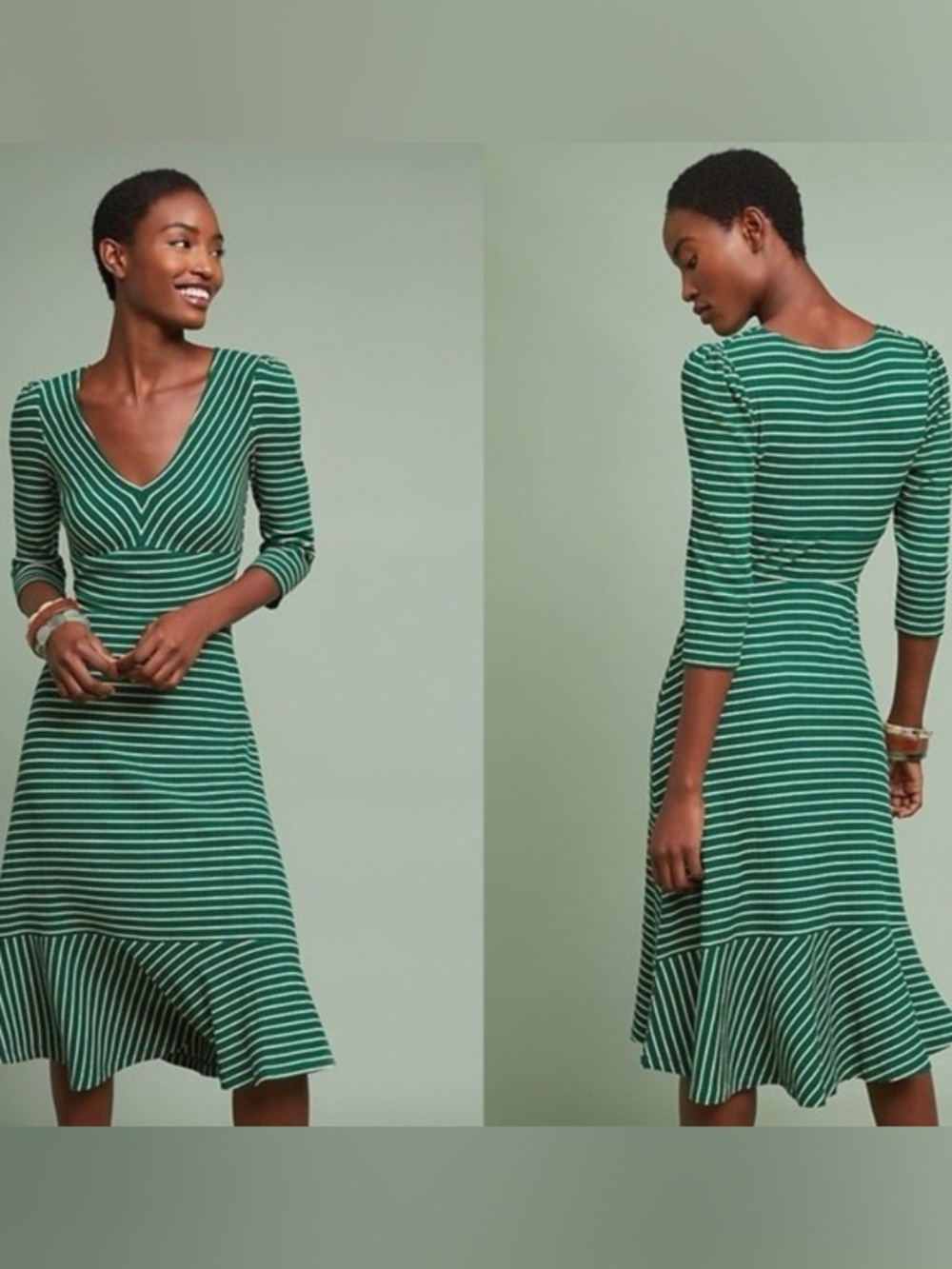 Maeve for Anthropologie Flores Green and White Striped V-Neck Dress size medium